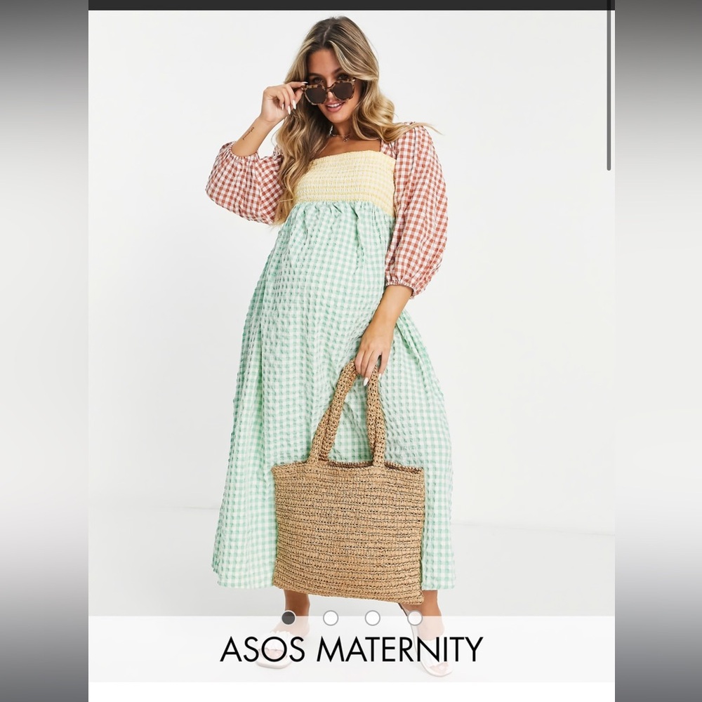 ASOS Maternity Gingham Maxi Dress in Mint, Yellow & Pink